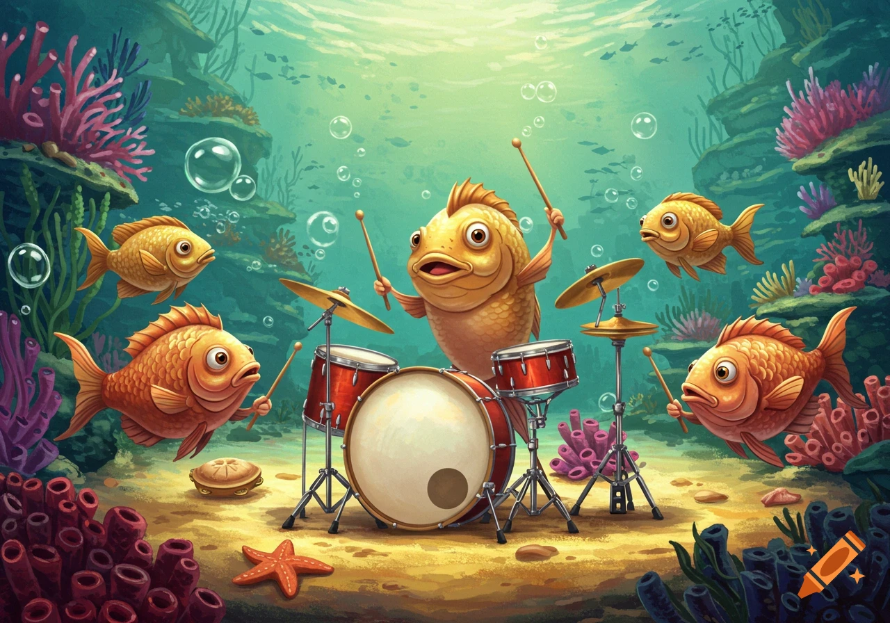 Cartoon goldfish band plays a drum set underwater surrounded by coral and bubbles.