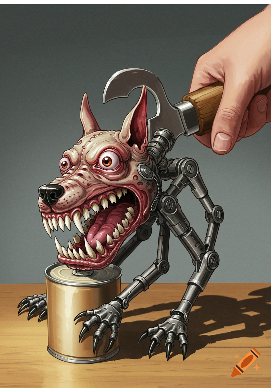 Illustration of a hand using a can opener on a grotesque mechanical dog creature clinging to a can.