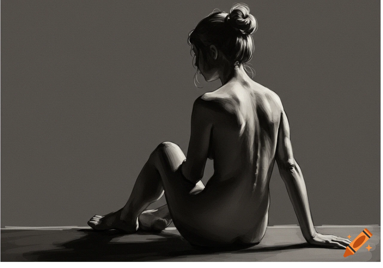 Charcoal sketch of a nude woman sitting with her back to the viewer, hair in a bun.