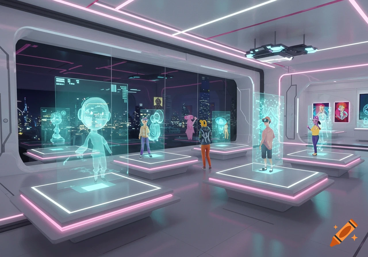 A futuristic virtual gallery with people viewing holographic displays and art, showing a city skyline outside.