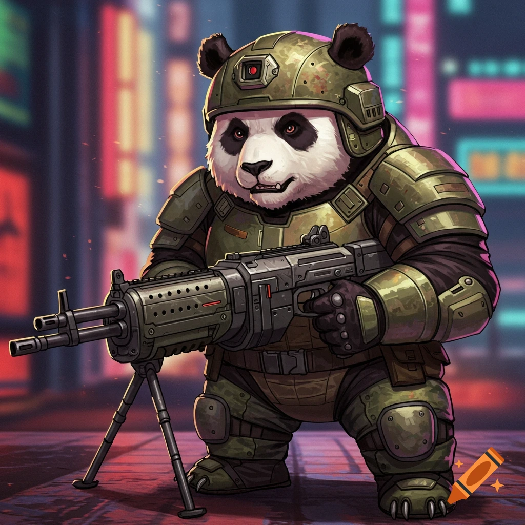 A heavily armored panda wearing a helmet and holding a machine gun in a cyberpunk city street.