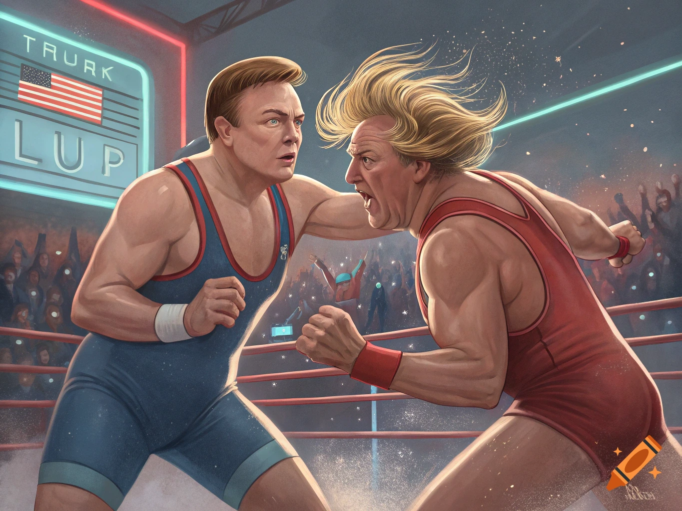 Caricature of Elon Musk and Donald Trump wrestling in a ring in an 80s-inspired style.