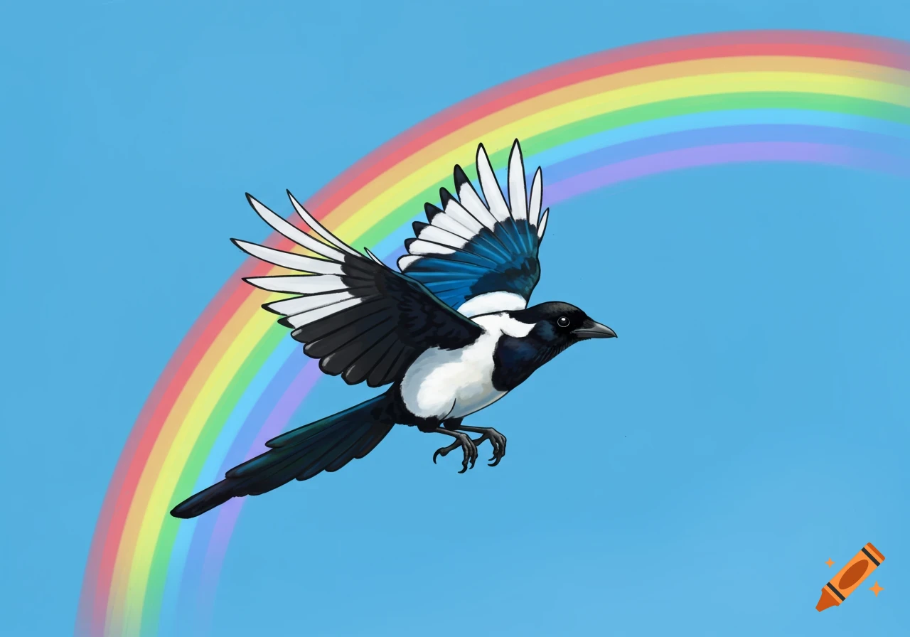 A magpie flying through a rainbow.