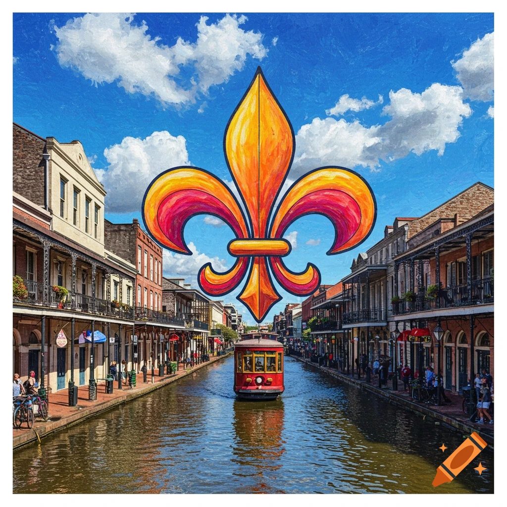Painterly view of a large fleur-de-lis overlaid on a New Orleans street scene with a streetcar and canal