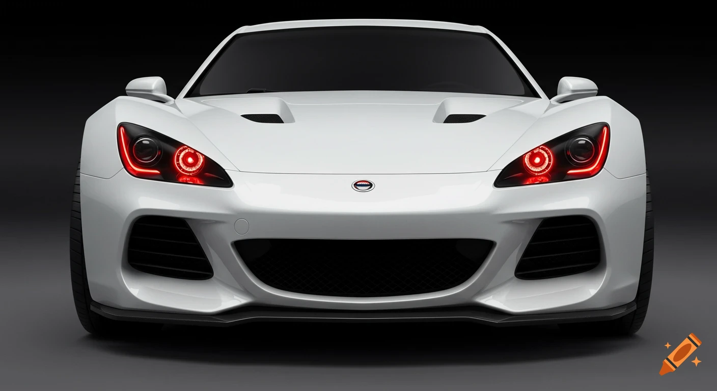Front view of a white futuristic sports car with red headlights.