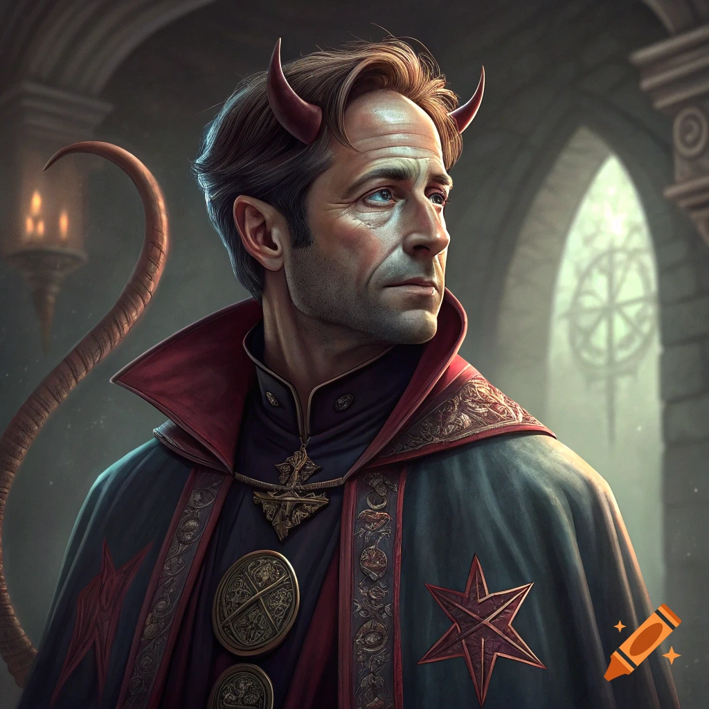 Portrait of a man resembling Fox Mulder with horns and tail, wearing fantasy cleric robes, indoors.