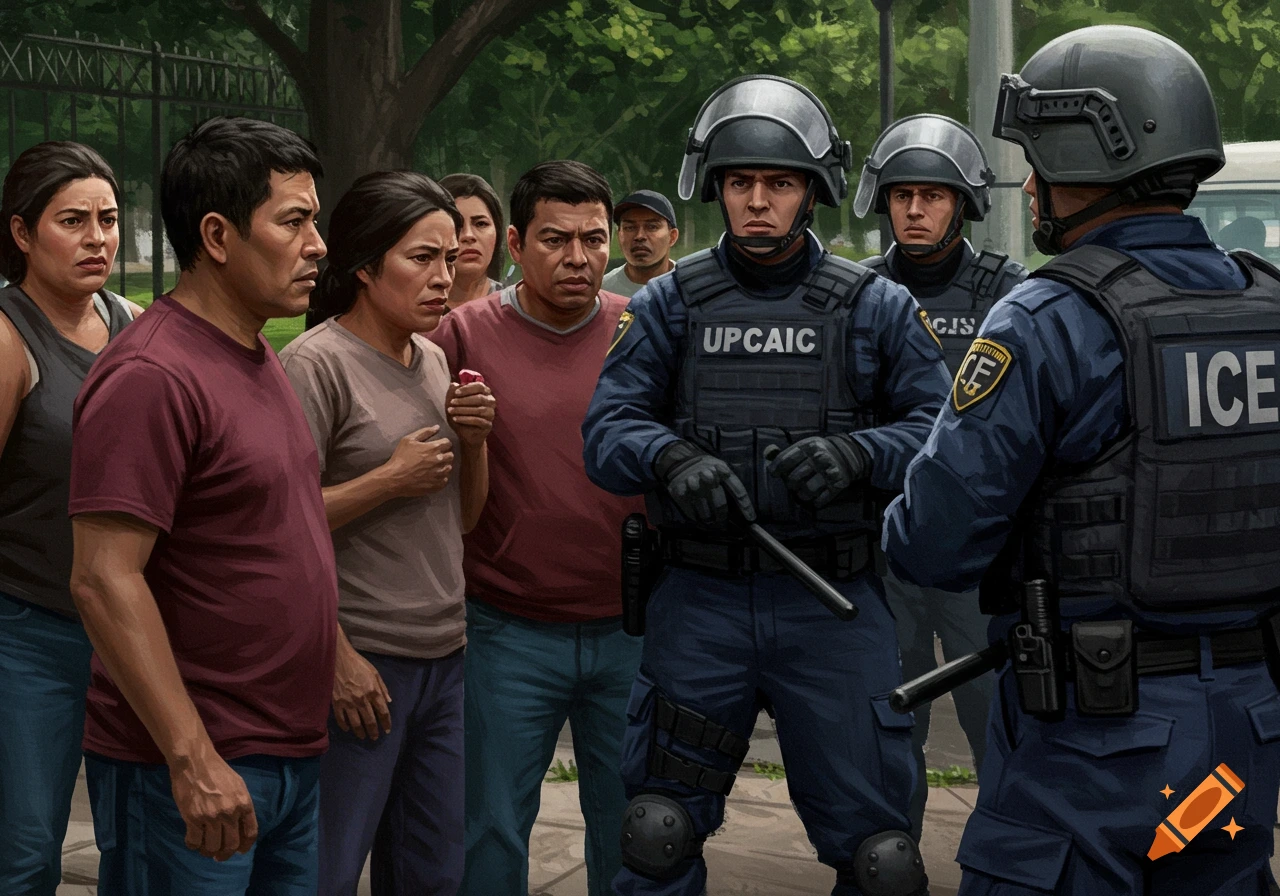 Law enforcement officers in riot gear face off against a group of civilians.