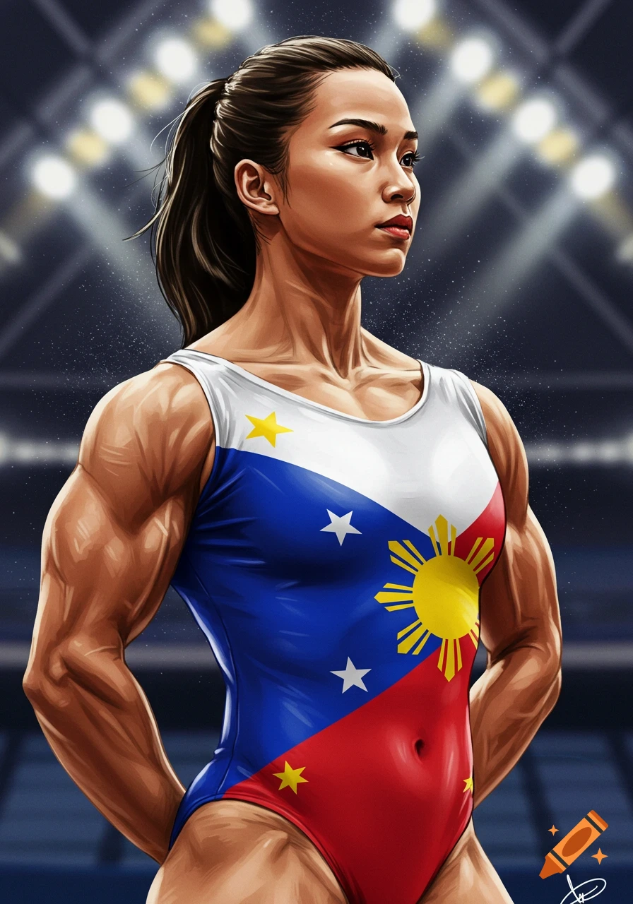 Muscular Filipina gymnast in a Philippines flag leotard, illustrated style