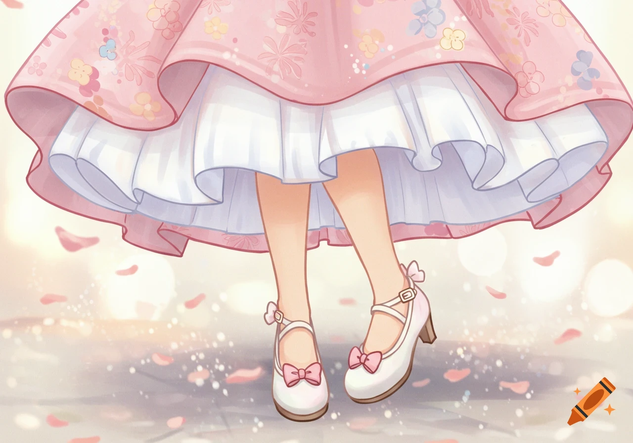 Anime illustration of legs in a pink dress and white shoes with pink bows, surrounded by falling petals.