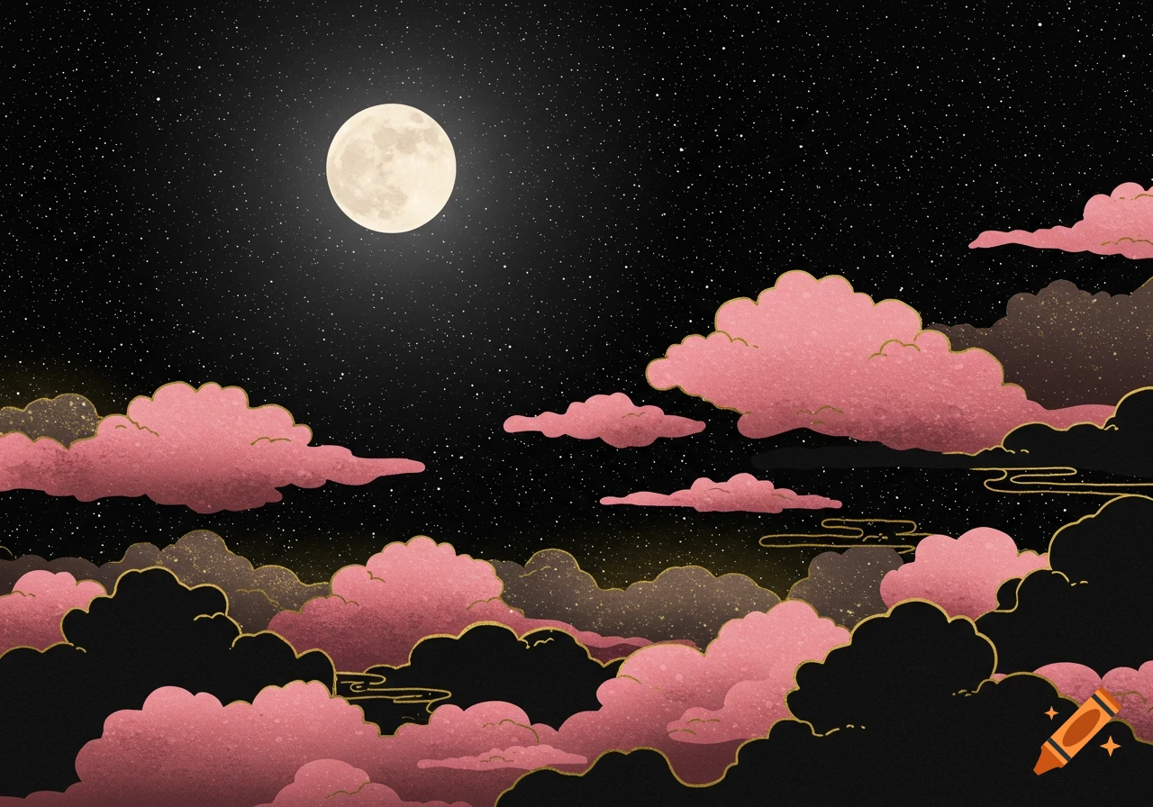 Stylized night sky with a full moon and pink and black clouds outlined in gold, in an ancient Japanese style.