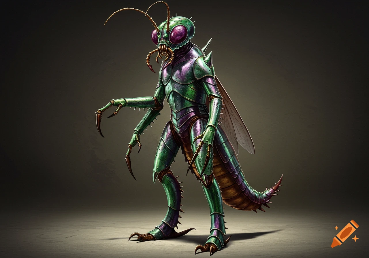A tall bipedal insectoid alien in iridescent green and purple armor stands in a sci-fi setting, concept art style.