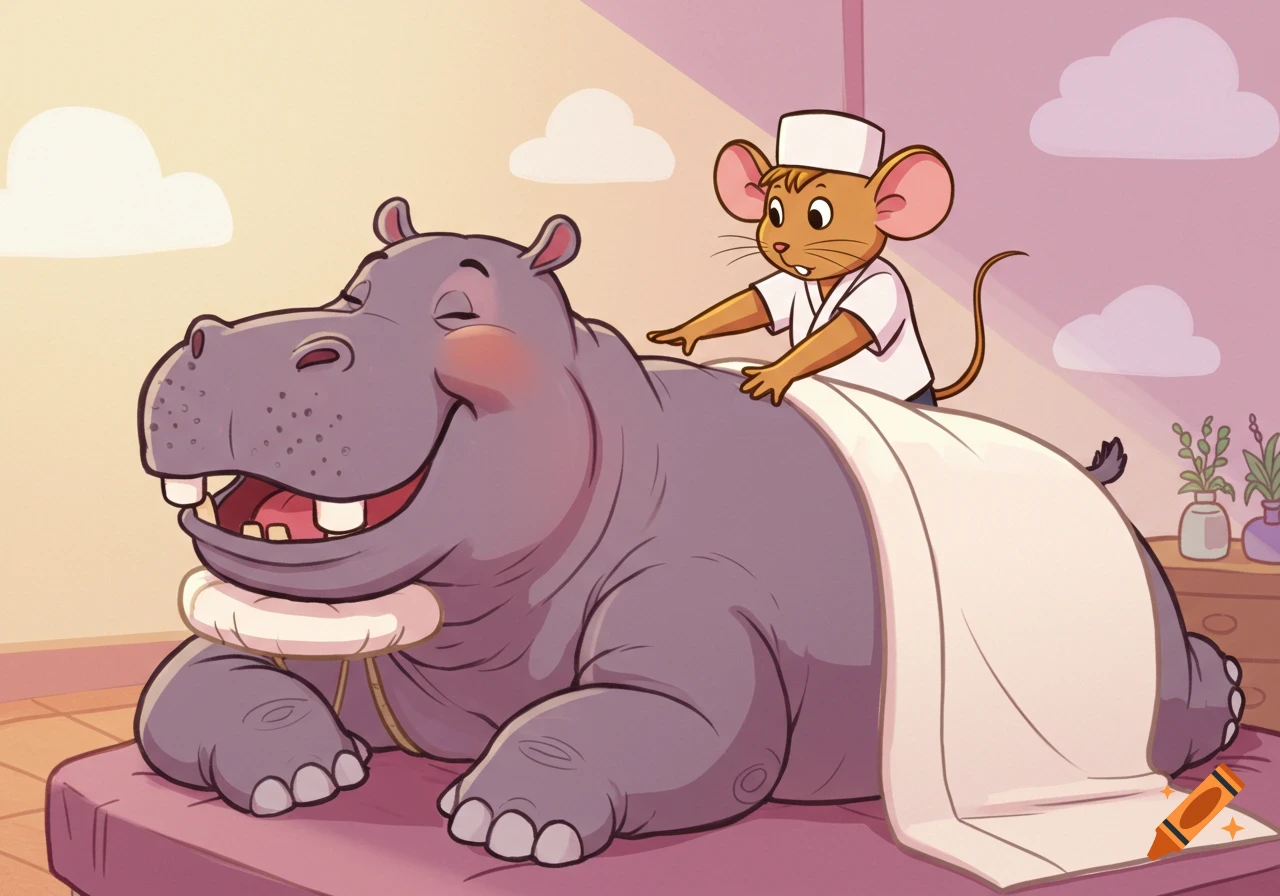 A cartoon mouse gives a massage to a happy hippo on a massage table.