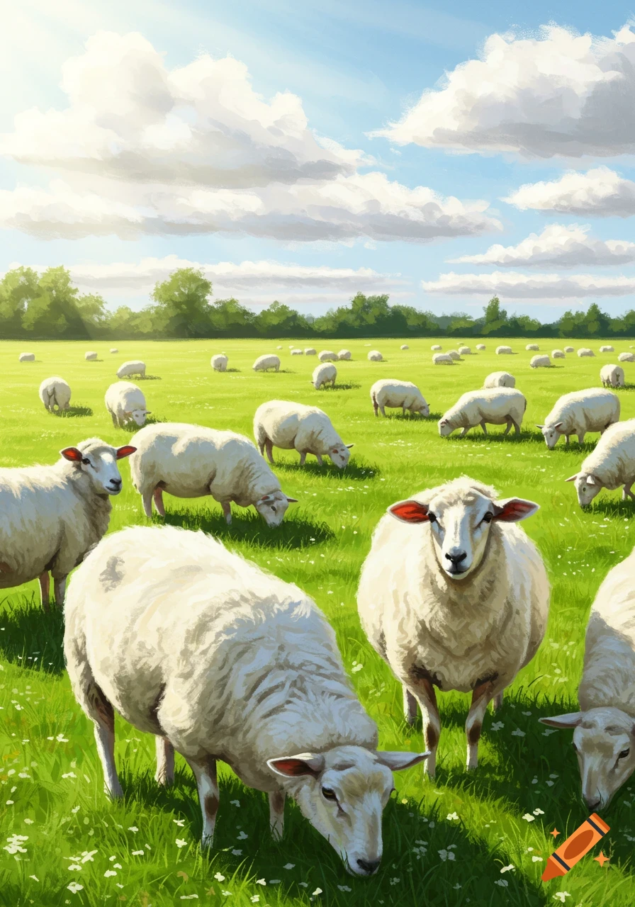 Numerous white sheep graze in a green field under a cloudy sky, digital painting