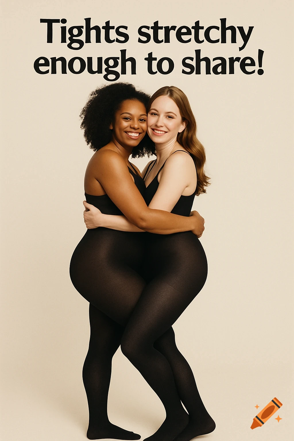 Two women in black tights hug and smile, with text above them.
