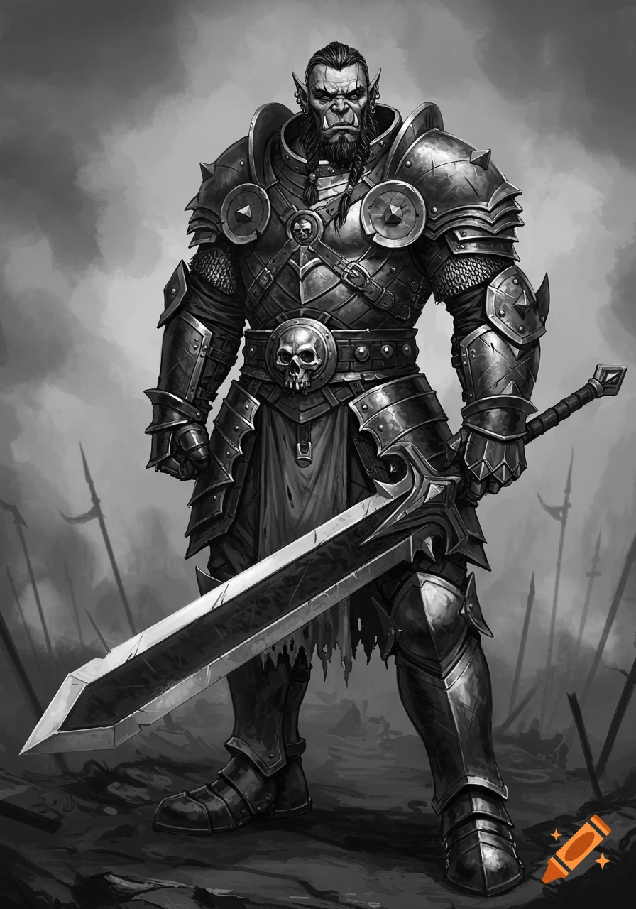 Black and white illustration of a muscular orc warrior in heavy armor holding a large sword on a battlefield.