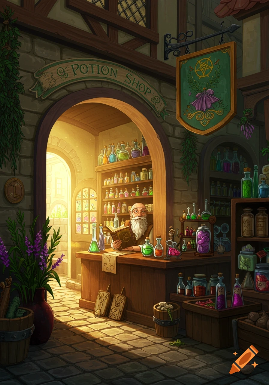 Digital painting of an old man reading a book behind a counter filled with potions in a cozy fantasy shop.