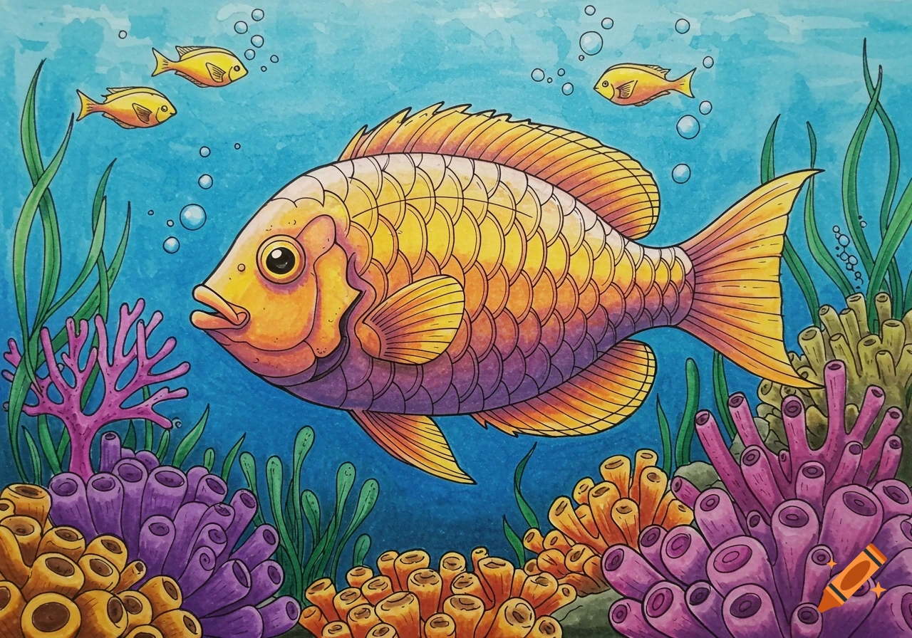 Illustration of a tropical fish and coral reef
