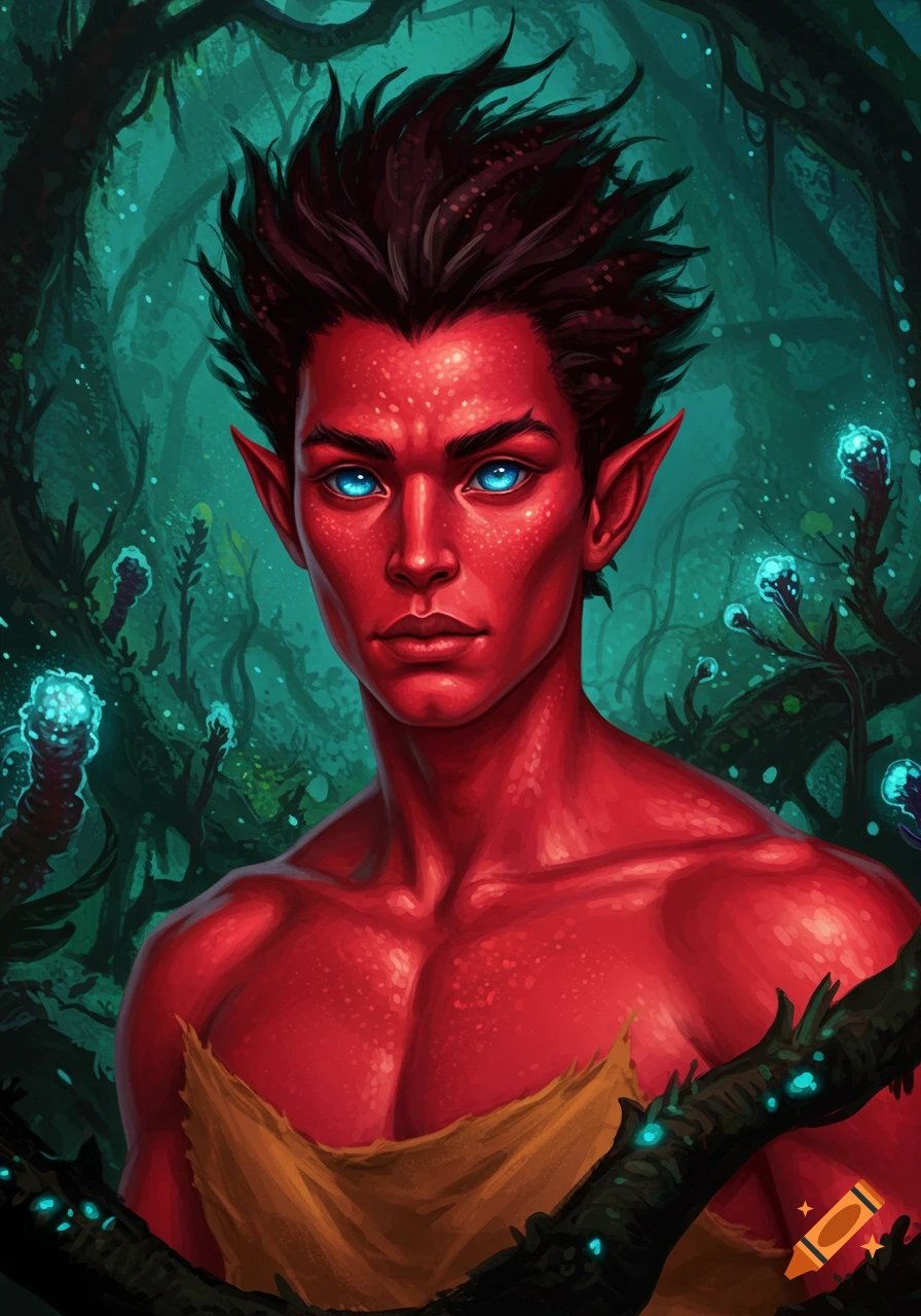 A handsome male alien fairy with red skin and blue eyes stands in a dark forest with glowing plants.