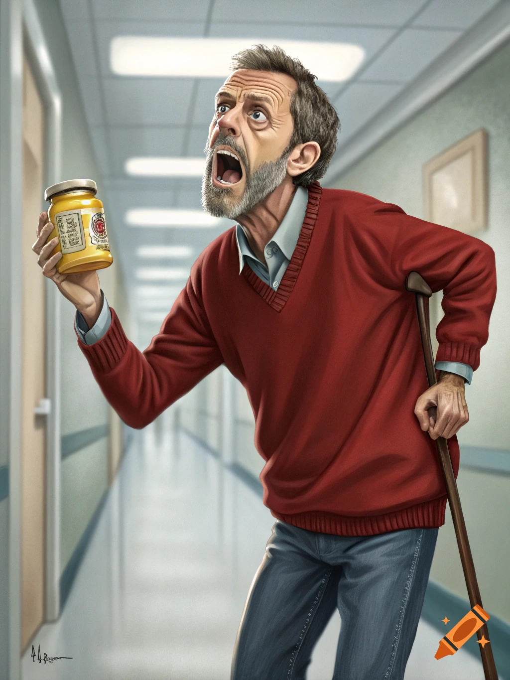 A caricature illustration of a man resembling Dr. House in a hospital hallway, holding a jar and screaming.