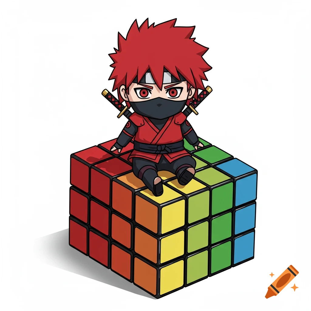 Chibi anime ninja with red hair and swords sits on an unscrambled Rubik's cube.