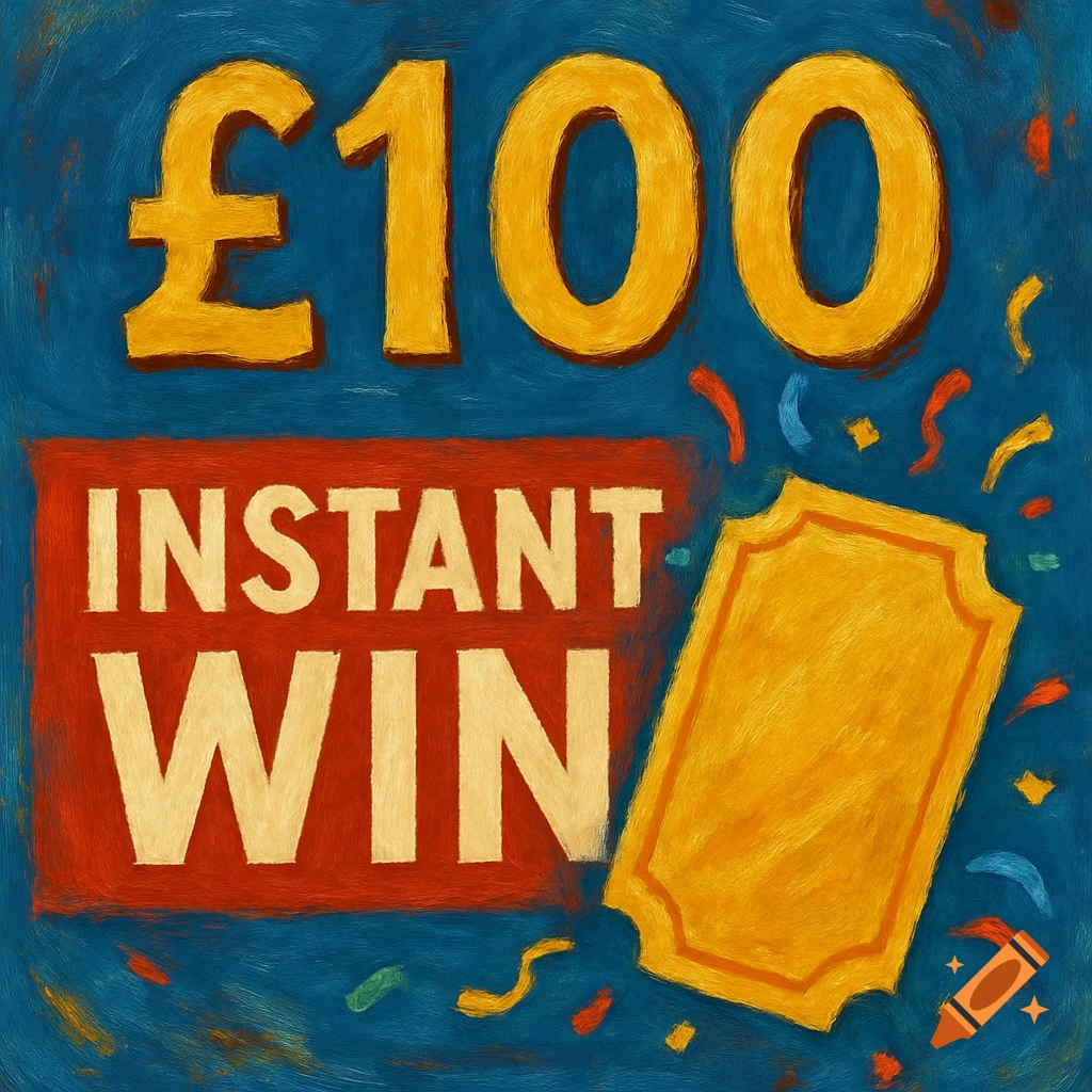 Illustration of a graphic for a £100 instant win competition, featuring text and a ticket shape with a textured oil painting style.