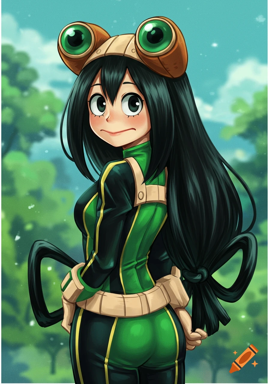 Anime illustration of a character with long black hair, large frog-like goggles, and a green and black costume.