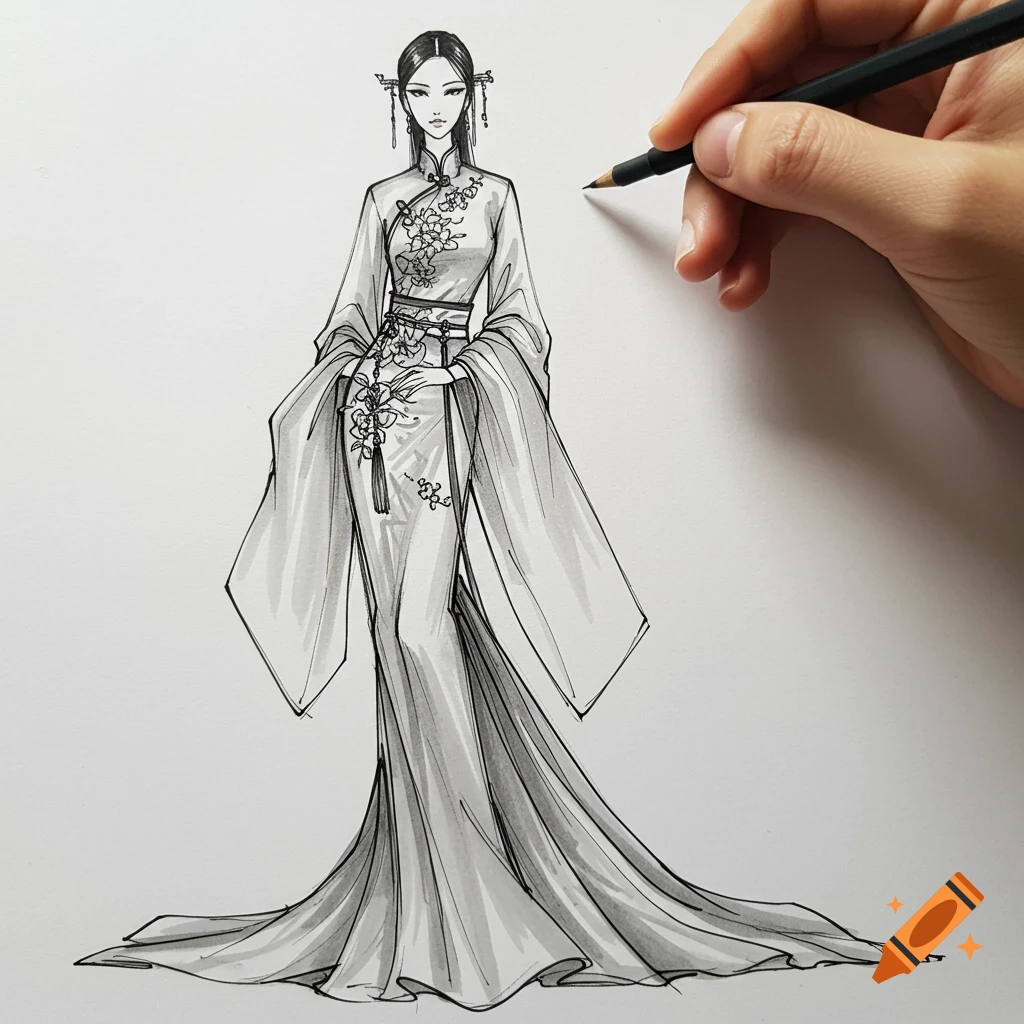 Black and white sketch of a woman in a long, elaborate Chinese dress ...