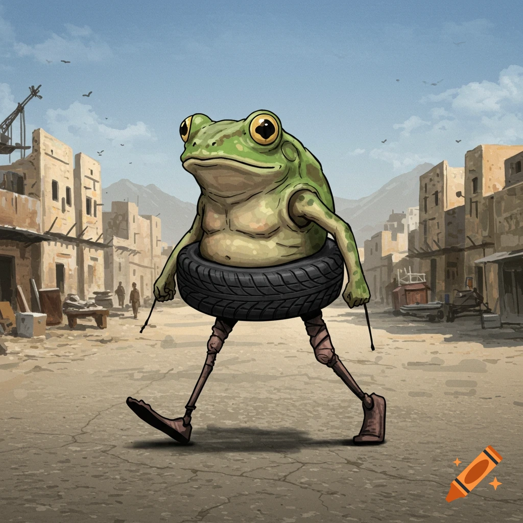 A cartoon frog creature with a tire around its waist walks on human legs through a desert town.
