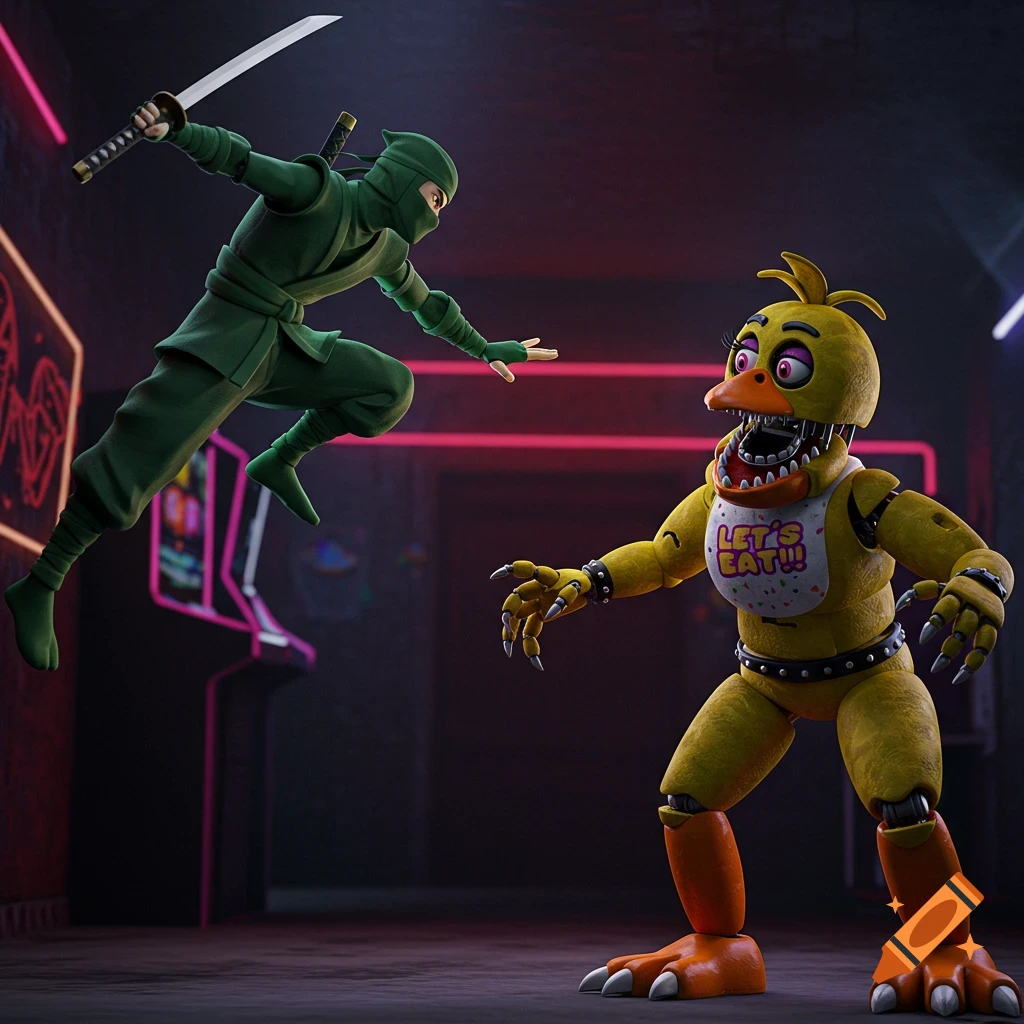 Green ninja leaps towards Chica from FNAF in an arcade setting.