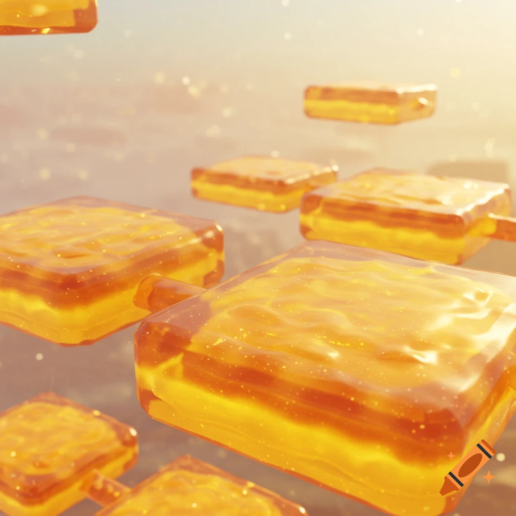 Floating honey-like platforms in bright light, styled like a 3D game