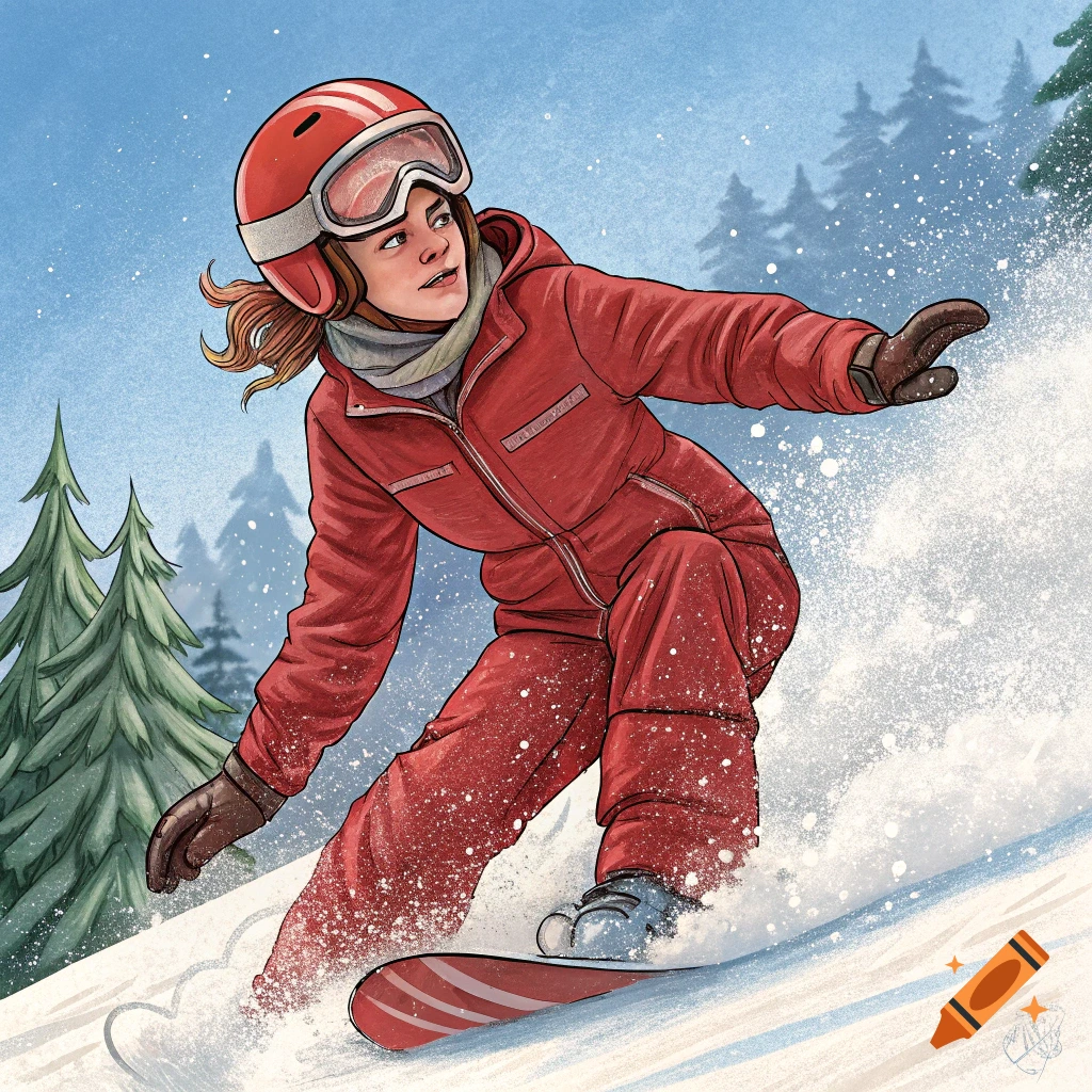 Illustration of a person in a red snowsuit snowboarding down a snowy mountain slope.