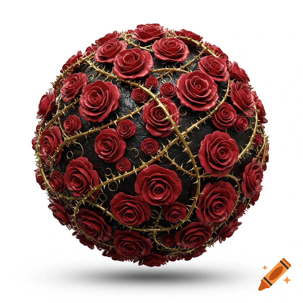A sphere covered in red roses and thorny gold vines on a white background