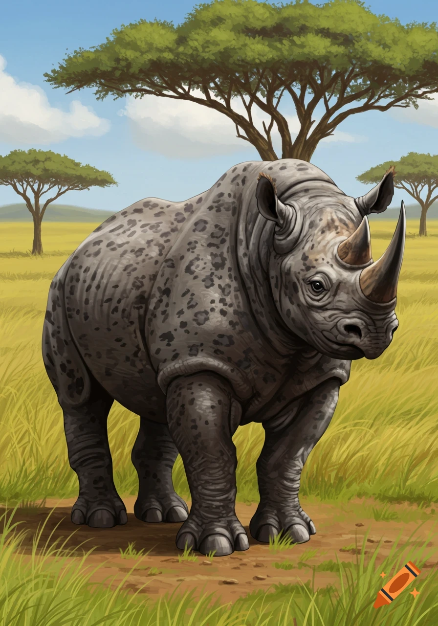 Illustration of a spotted rhino standing in a grassy savanna landscape under a blue sky with trees.