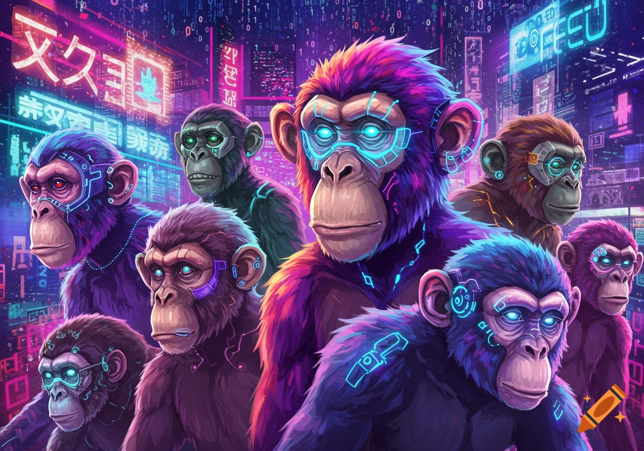 Cybernetic monkeys in a neon-lit cyberpunk city
