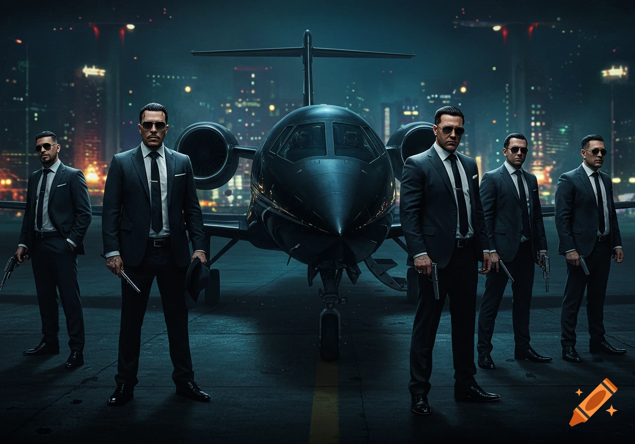 Men in suits with guns stand in front of a dark jet plane at night.