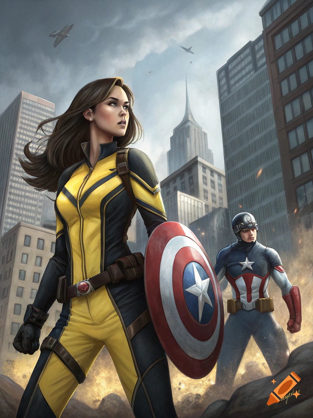 Digital painting of a woman in a yellow and black suit holding Captain America's shield, standing next to Captain America in a city.