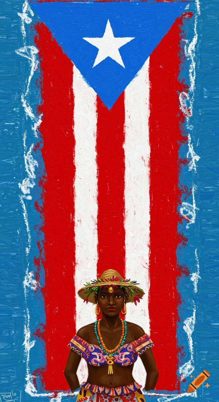 Woman in traditional clothing in front of Puerto Rican flag, painted style.