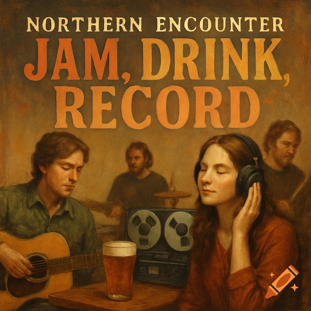 Painting of a band, text reads "NORTHERN ENCOUNTER JAM, DRINK, RECORD".