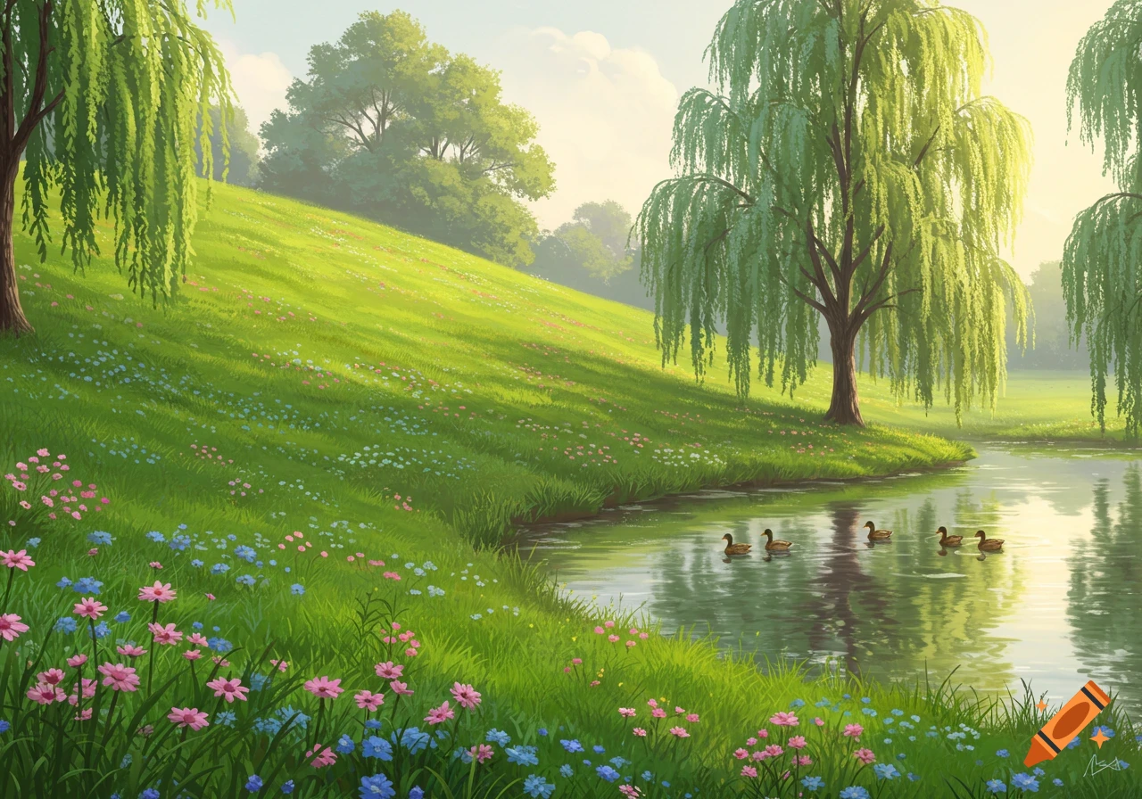 A sunny hillside slopes down to a pond with ducks and willow trees.