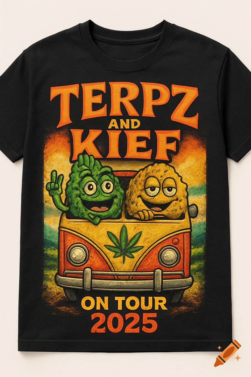 Black t-shirt with cartoon cannabis buds in a van, text 'TERPZ AND KIEF ON TOUR 2025'
