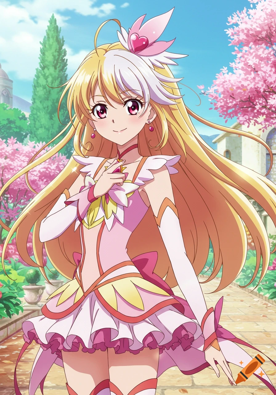 Anime magical girl with blonde/white hair in a pink dress, standing in a garden.