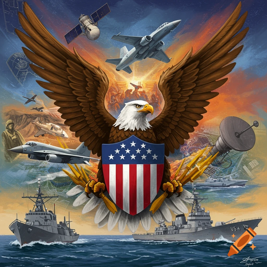 Bald eagle with US shield, olive branches, surrounded by military ships, planes, and satellite.