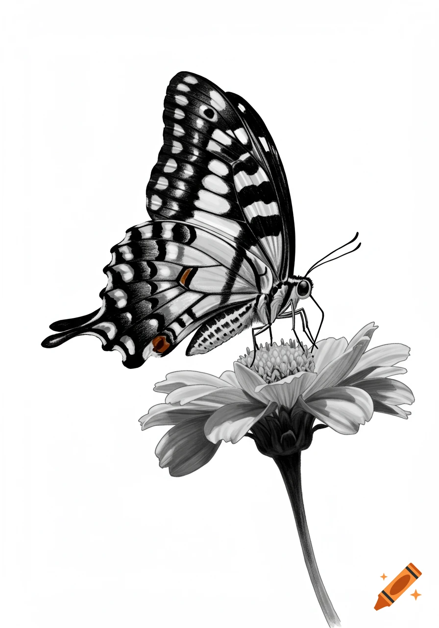 Black and white illustration of a butterfly on a flower.
