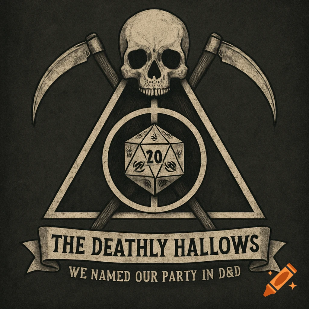 Vintage style badge with skull, scythes, triangle, D20 die, and banner text 'THE DEATHLY HOLLOWS WE NAMED OUR PARTY IN D&D'