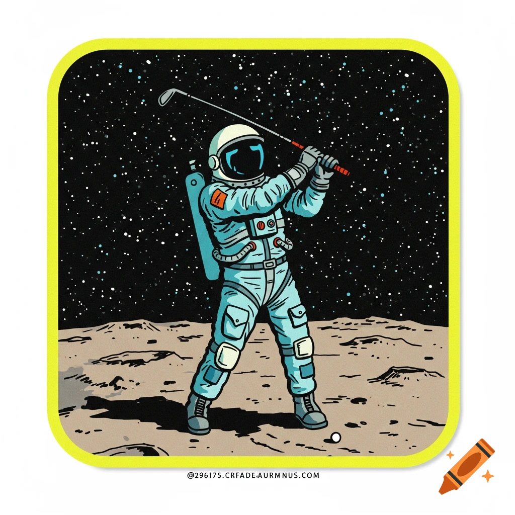 Illustration of an astronaut playing golf on the moon, sticker style