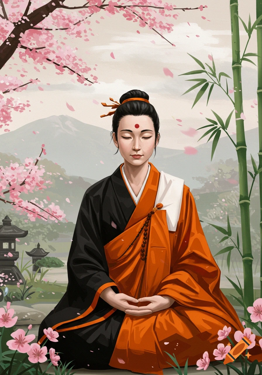 A Japanese Buddhist nun meditates in a garden with cherry blossoms and bamboo.