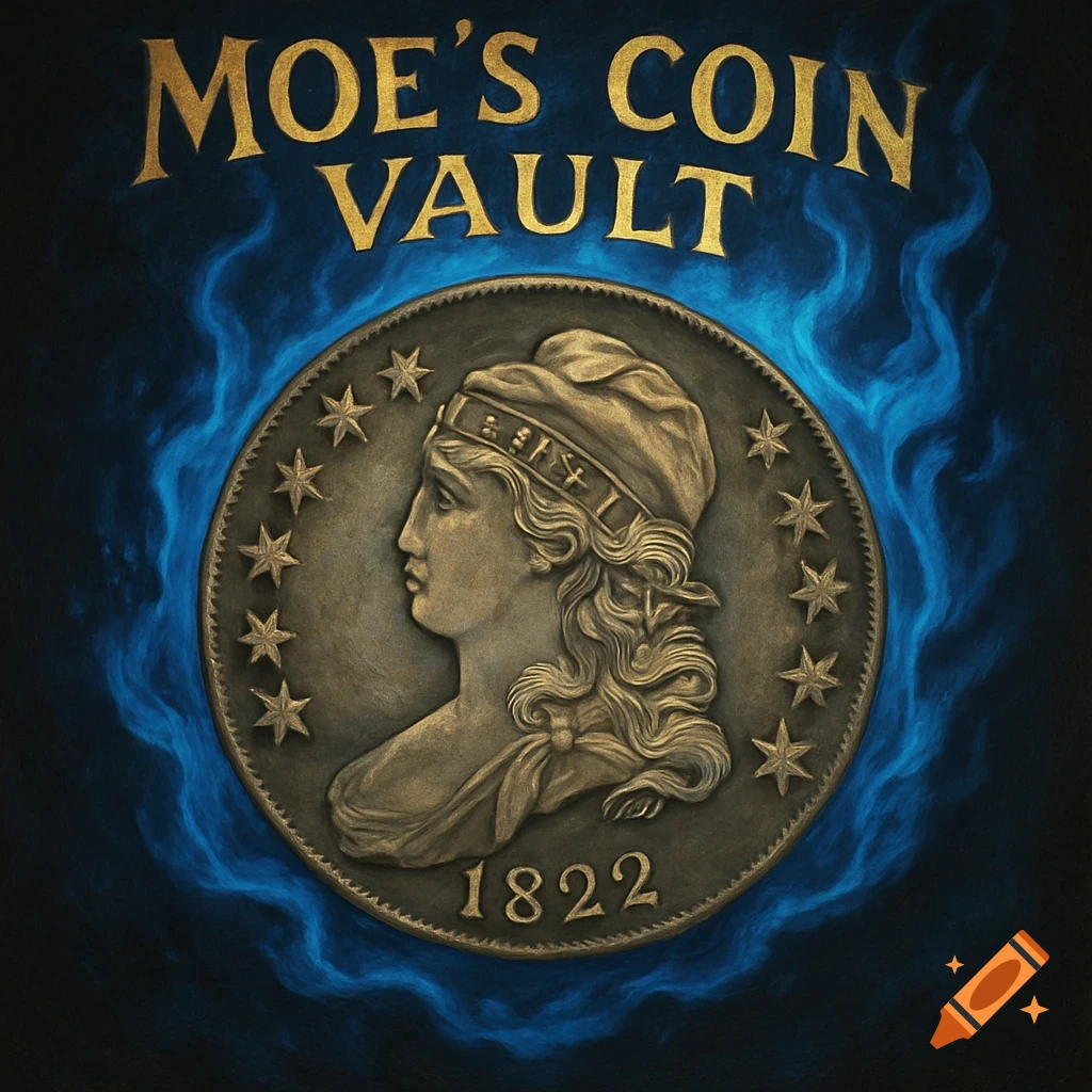 Antique coin with 'Moe's Coin Vault' text and blue flames.
