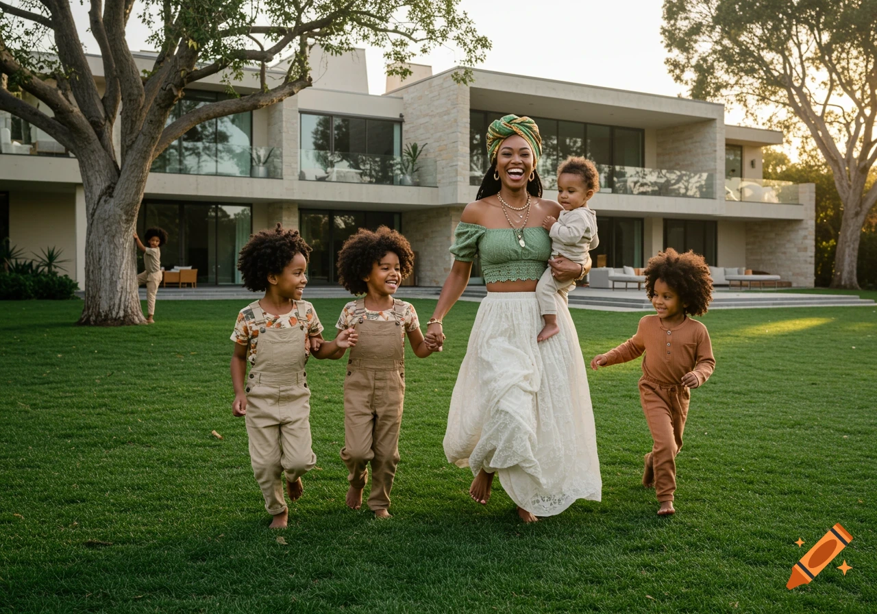 Family playing in the yard of a modern luxury house during golden hour