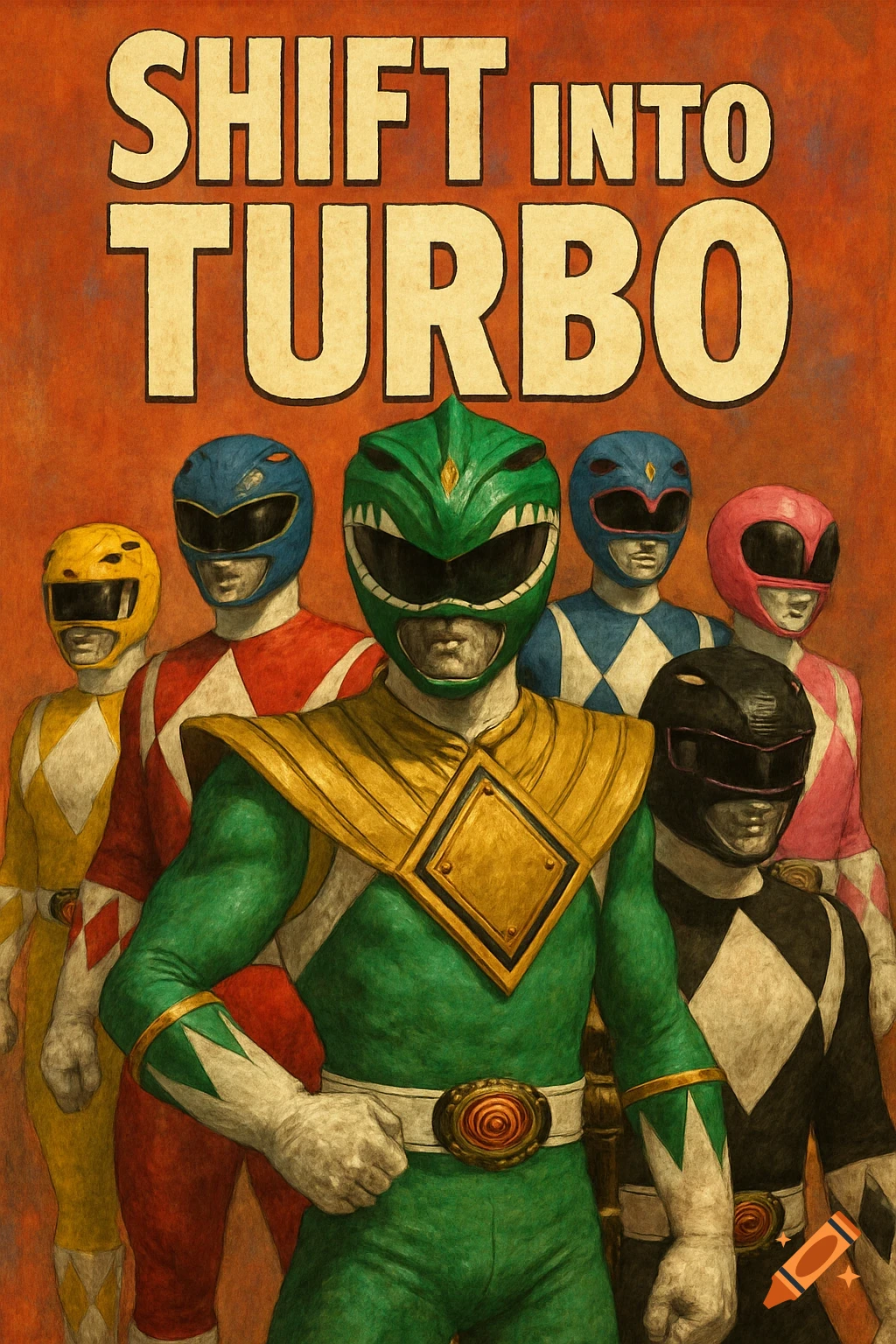 Classic Power Rangers including the Green Ranger and text "SHIFT INTO TURBO".