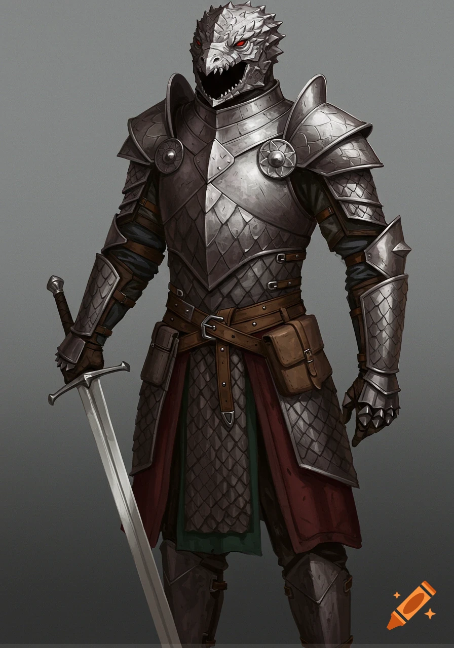 A fantasy illustration of a dragon-themed full plate armor set with a sword, standing upright.